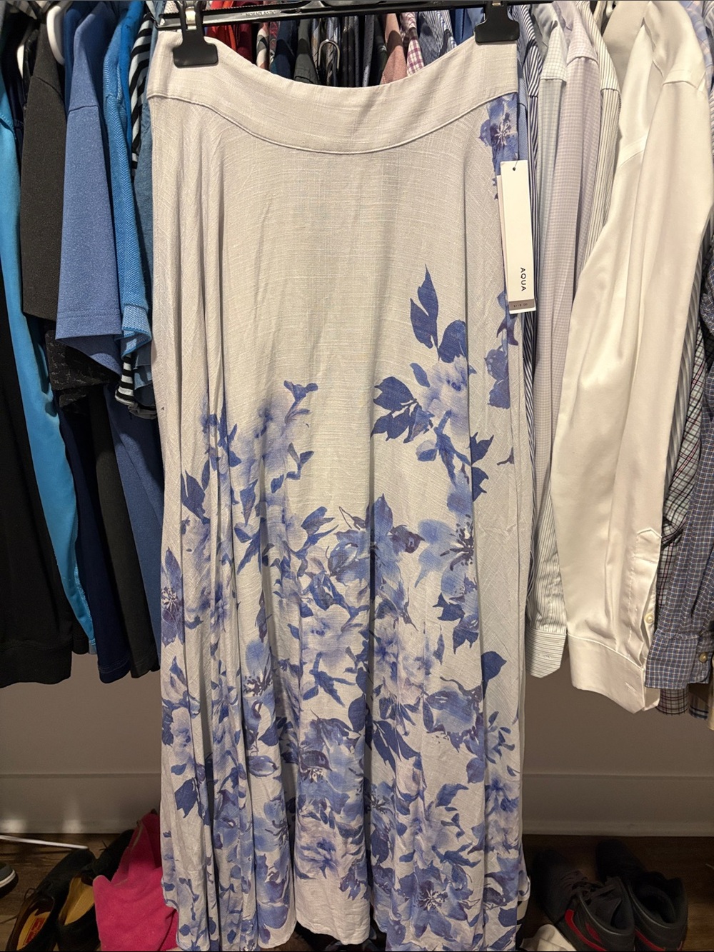 Aqua Cream Maxi Skirt with Blue Floral Print